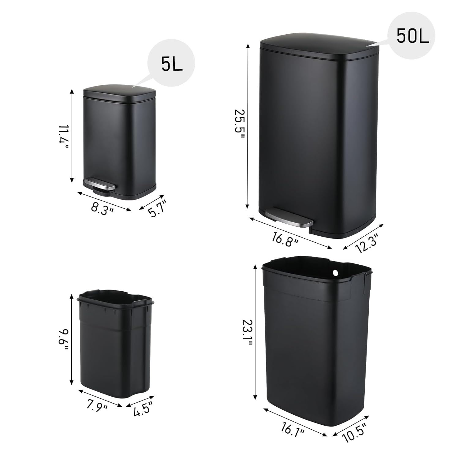 Arlopu 13.2+1.3 Gallon Step Trash Can, Stainless Steel Garbage Bin, Soft-Close Rubbish Bin with
