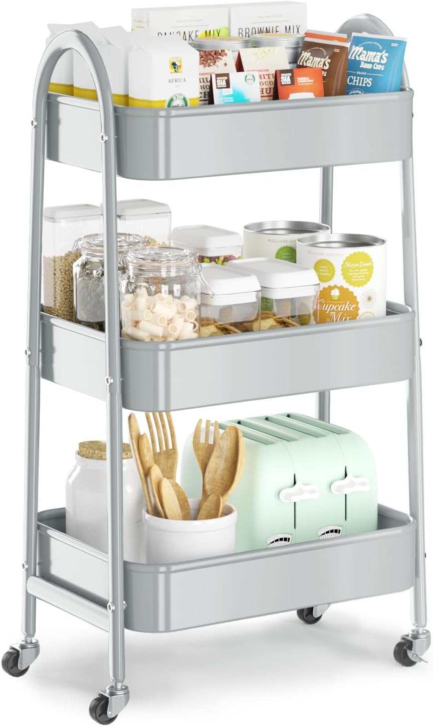 EAGMAK 3 Tier Utility Rolling Cart, Metal Storage Cart with Handle and Lockable Wheels