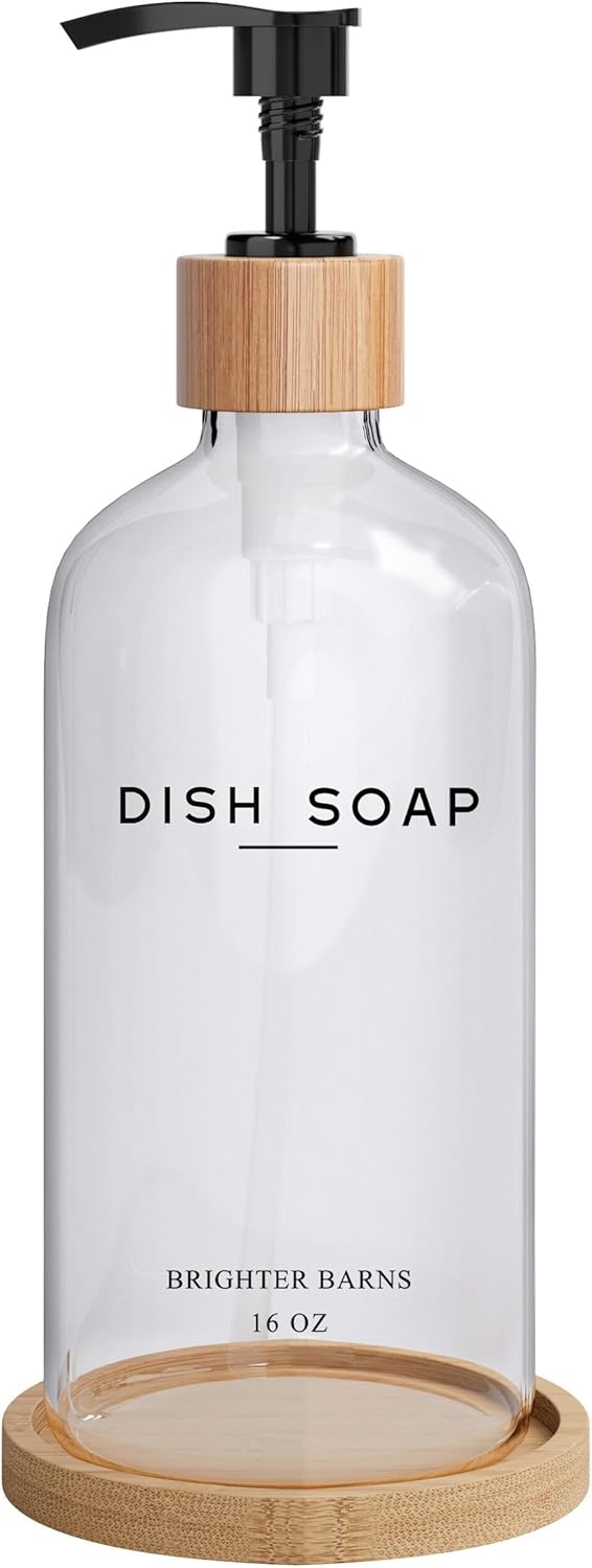 Clear Glass Dish Soap Dispenser by Brighter Barns - Kitchen Sink Set With Bamboo Tray - Modern