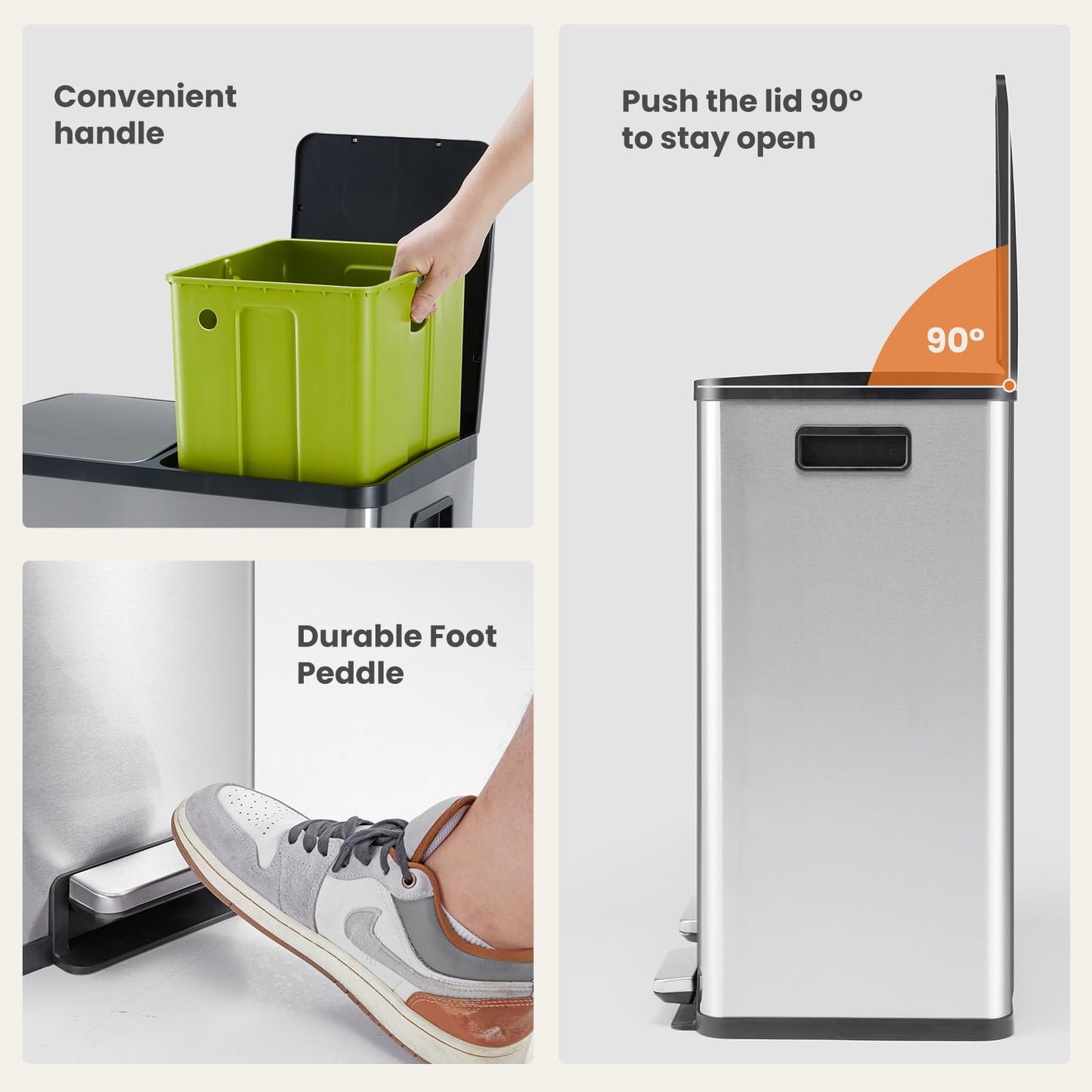 DUMOS Kitchen Trash Can, 2x8-Gallon Dual Trash Can with Lid, Stainless Steel Garbage Bin with 2