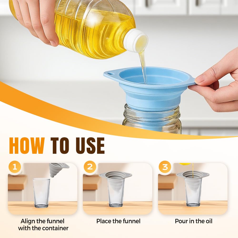 Kitchen Funnel Set 3 Pack, Collapsible Silicone Funnels for Filling Water Bottles & Small Bottles |