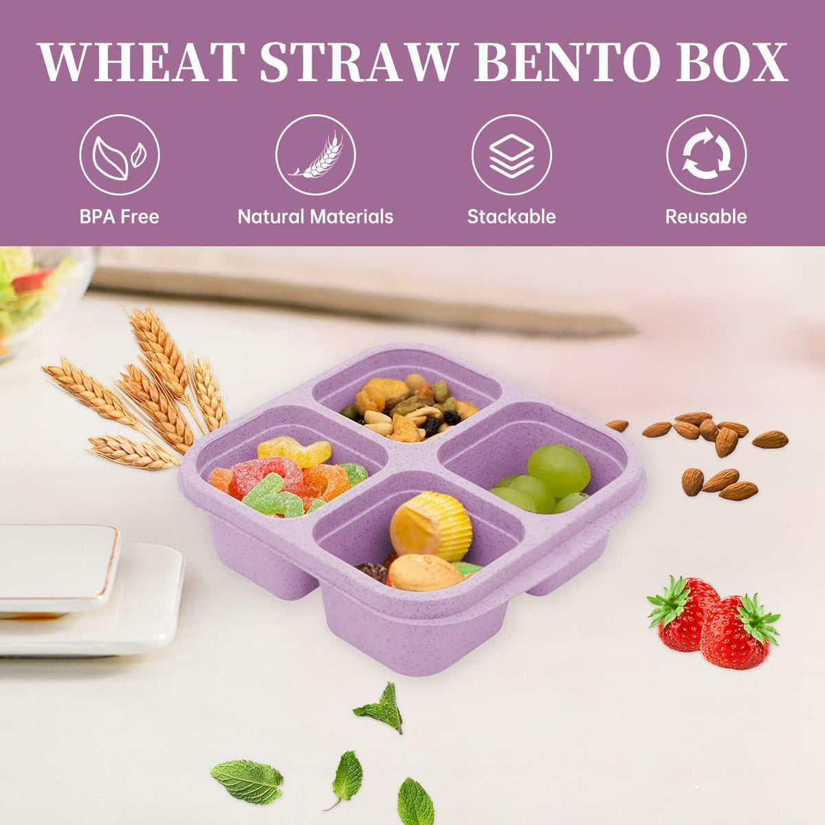 5 Pack Bento Lunch Box,4 Compartment Snack Containers,Divided Snack Box,Meal Prep Lunch Containers