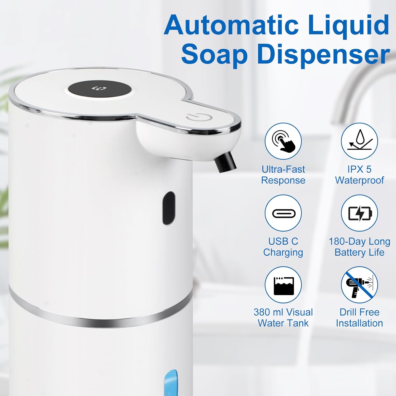 Automatic Liquid Soap Dispenser Touchless, USB-C Rechargeable Hand Soap Dispenser 12.8oz/380ml