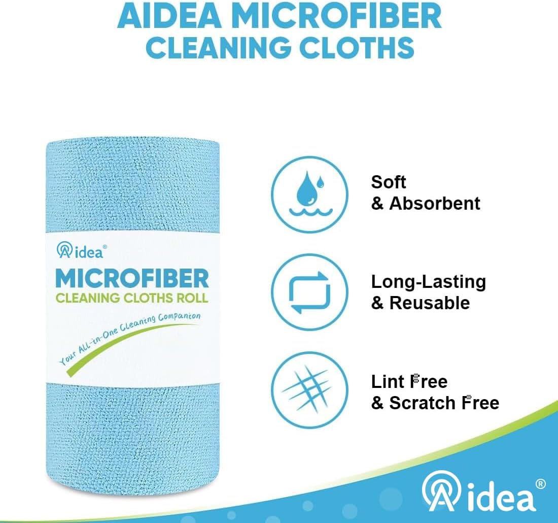 AIDEA Microfiber Cleaning Cloth Roll, 50PK, Blue Shop Towels Reusable Tear Away Paper Towels