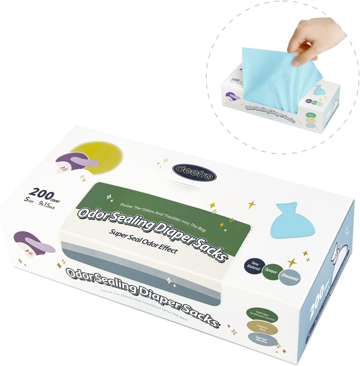 Odor Sealing Disposable Diaper Bags, 200 Count, Blue, Large Capacity, Unscented Diaper Trash Bags
