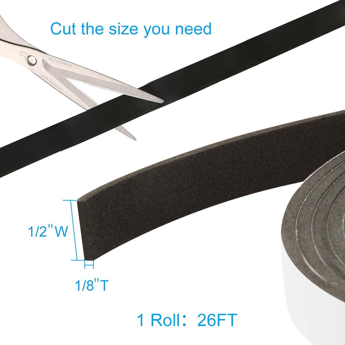 Foam Seal Tape 26 Feet Long, 1/2 Inch Wide x 1/8 Inch High Density Foam Strip Weather Stripping for