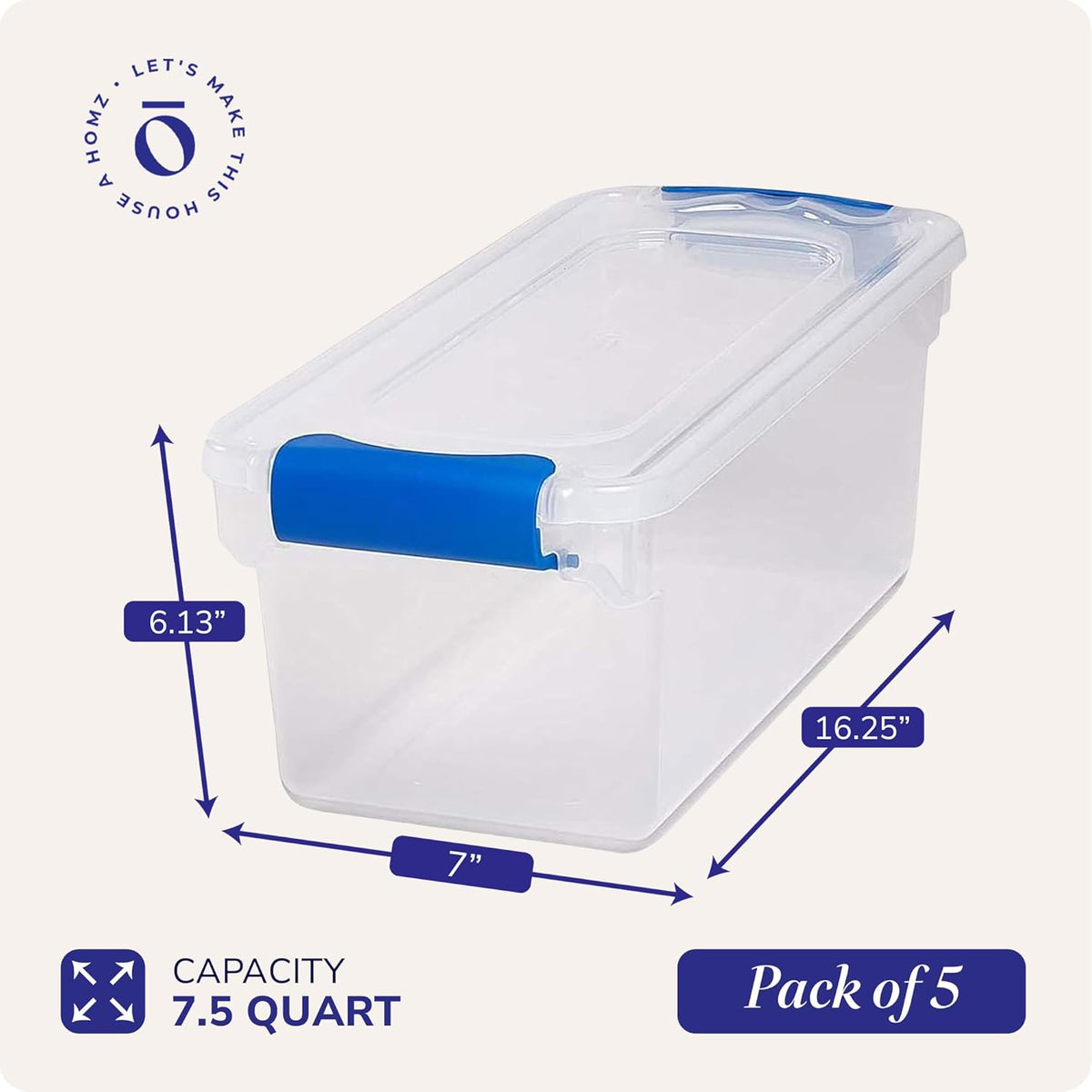 HOMZ 5-Pack Latching Lid, Clear Plastic Storage Organizer Bins, 7.5 Quart, Blue Latch - Stackable