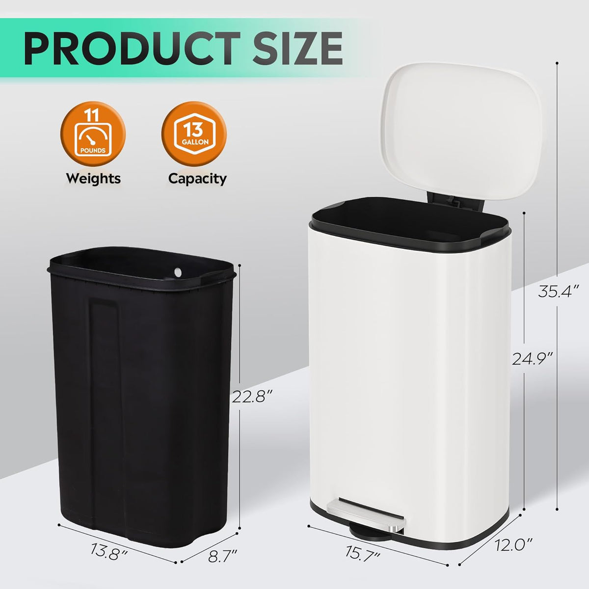 WLIVE 13 Gallon Stainless Steel Trash Can with Inner Bucket, Kitchen Garbage Can with Lid, 50L Soft