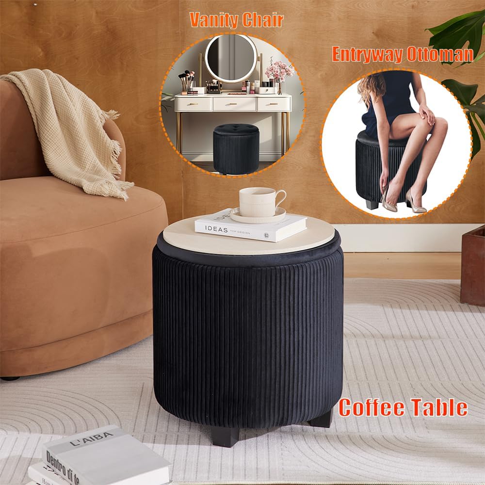 Big Round Ottoman with Storage Set of 2,Upholstered Velvet Vanity Stool for Makeup Multifunctional