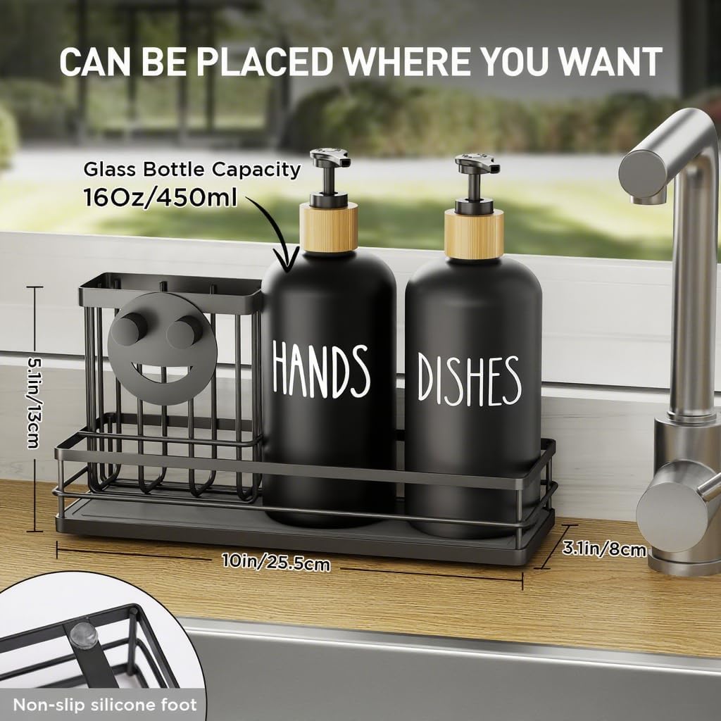 Moforoco Kitchen Dish Soap Dispenser Set, 16OZ Glass Bottle, Hand and Dish Soap Dispenser Set