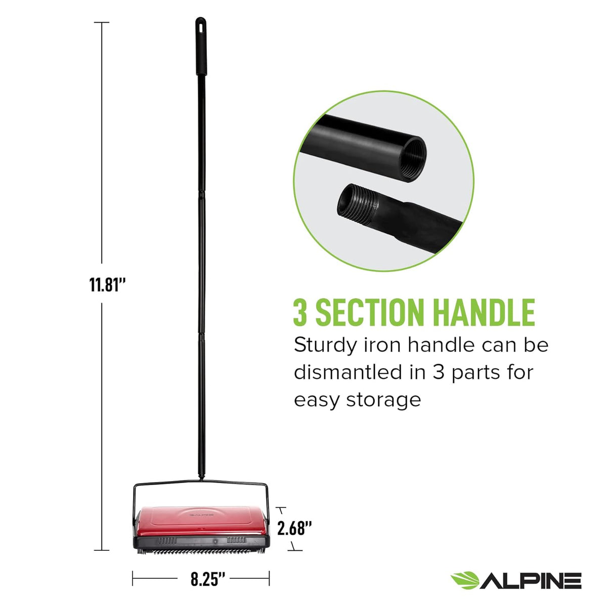 Alpine Manual Carpet Sweeper Triple Brush – Non Electric Multi-Surface Floor Cleaner Easy Sweeping