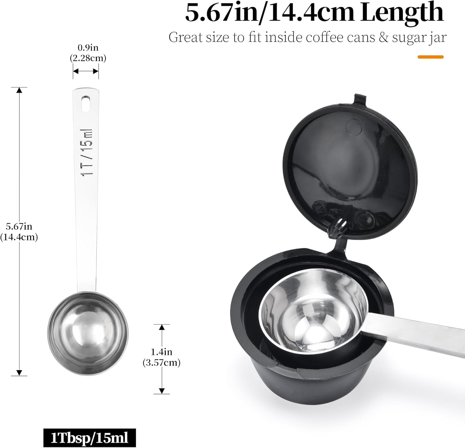 Long Handle Coffee Scoop: 5.64 Inch 18/8 Stainless Steel 1 Tablespoon Metal Measuring Spoon Tbsp