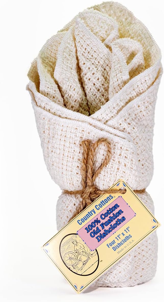 Old Fashion 100% Cotton Dishcloths - Set of 4 Mixed Colors - 4 Natural -11" x 11"