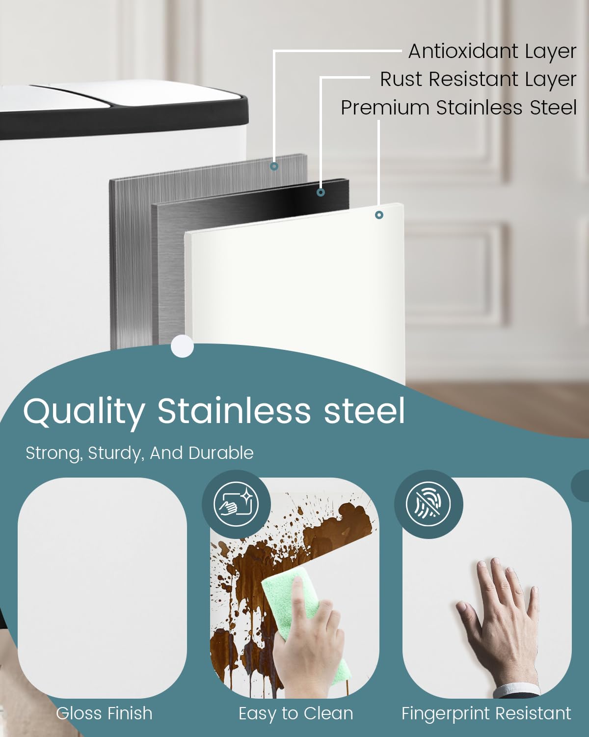 Dual Compartment Stainless Steel Trash Can, 16 Gallon / 60 Liters White Kitchen Garbage Bin with