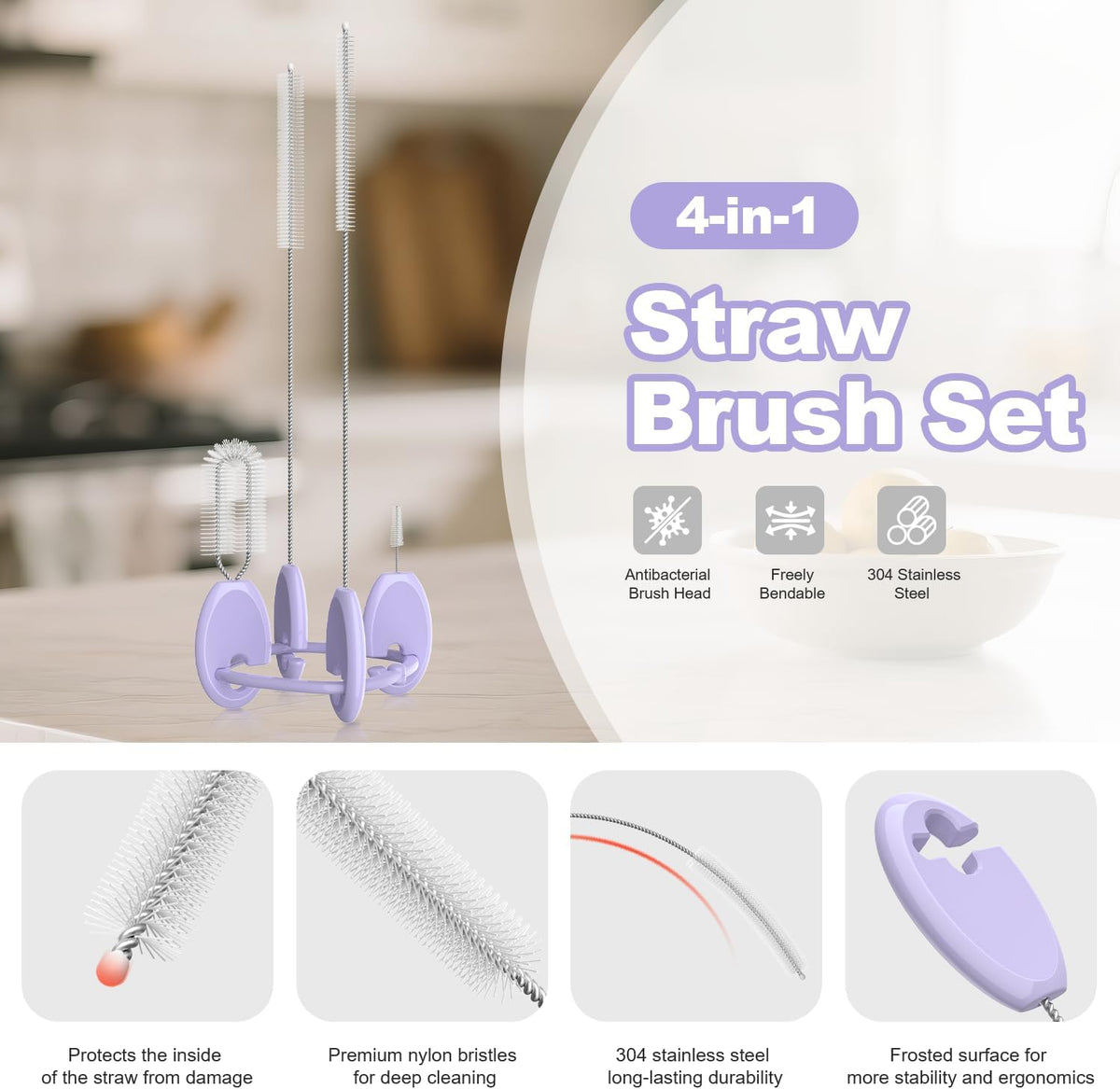 YOTIME Standing Straw Cleaner Brush Set, 4in1 Reusable Straw Brushes with Holder Ring, for Wide and