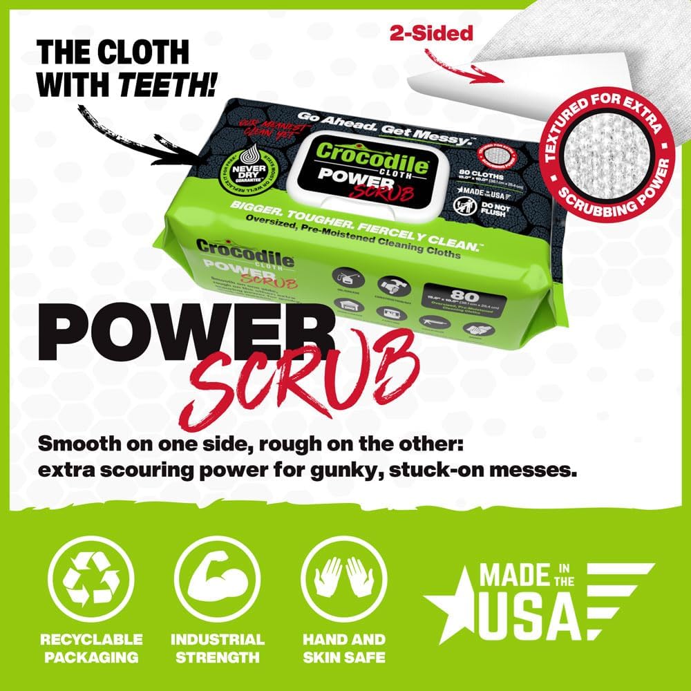 Crocodile Cloth PowerSCRUB Cleaning Wipes – 480 Count (6 Packs of 80 Count) Dual-Surface Cloths