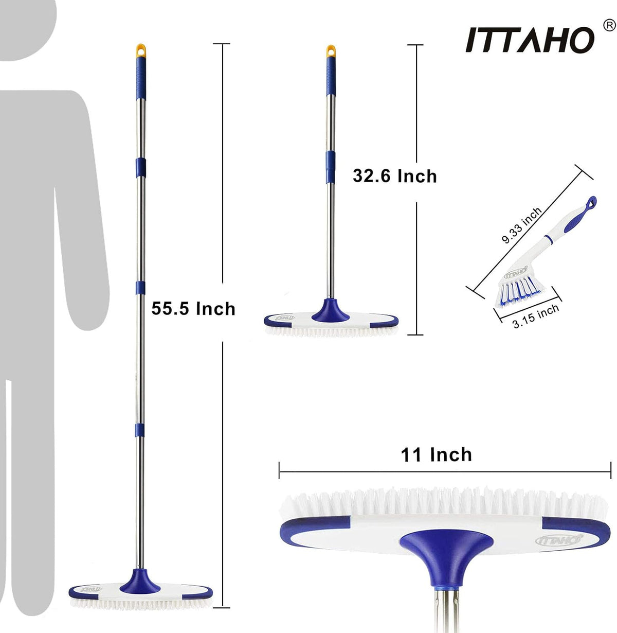 ITTAHO Floor Scrub Brush with Long Handle - 53" Deck & Grout Cleaner Brush Set for Tile, Marble
