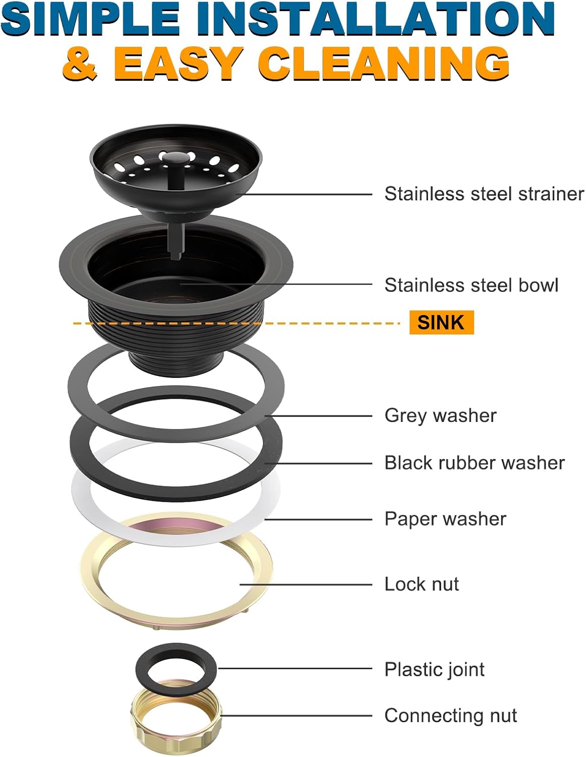 BOTEMY Stainless Steel Bronze Sink Drain Strainer Kit 3-1/4 inch Kitchen Drain Assembly with Metal
