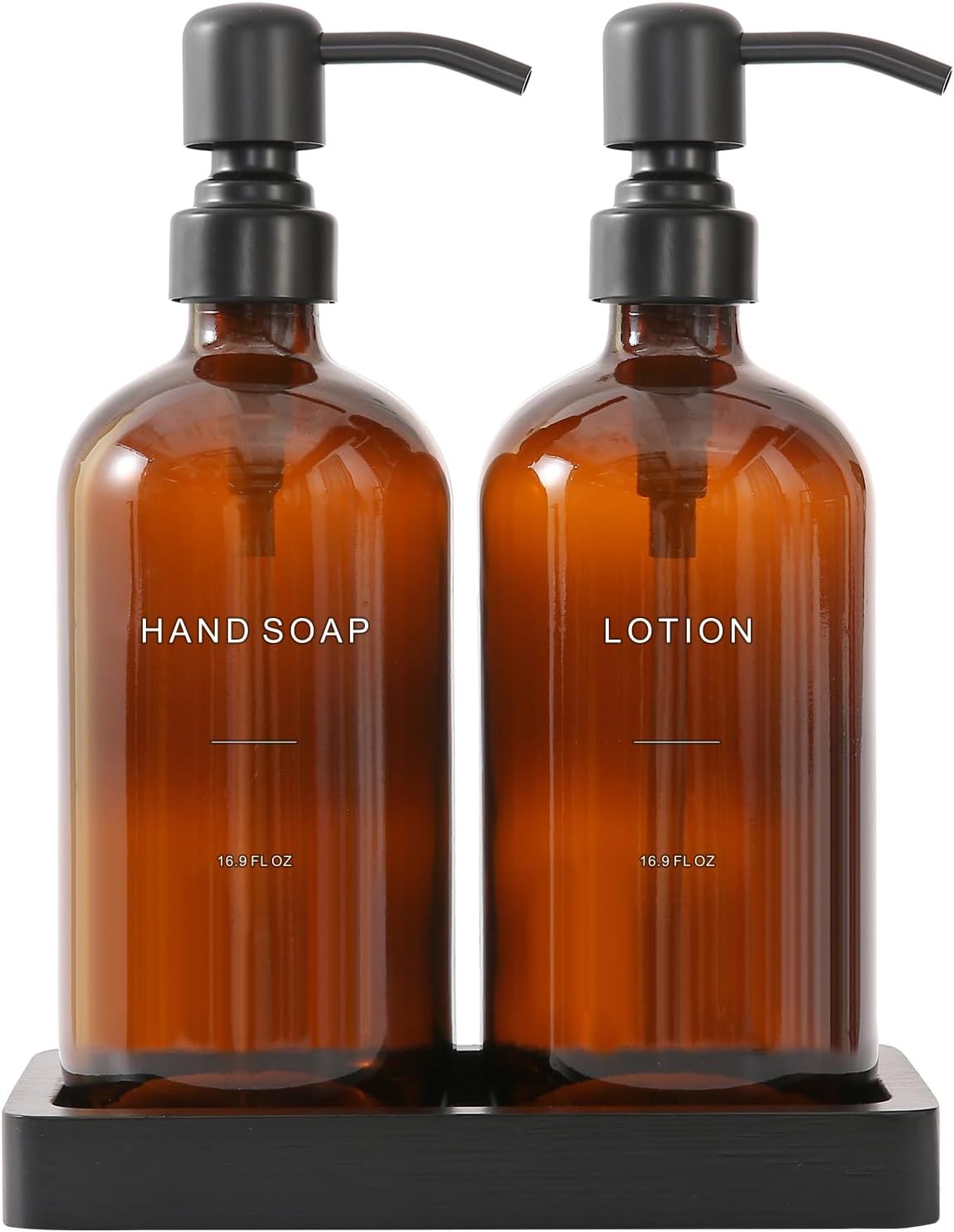 Amber Glass Soap Dispenser Set, Hand Soap and Lotion Set with Black Stainless Steel Pump, Perfect