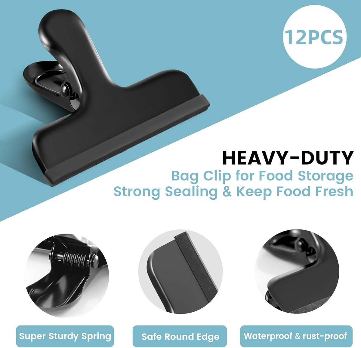 HOUSE AGAIN 12 Pack Stainless Steel Chip Bag Clips Covered with Silicone - NO More Sharp Edges