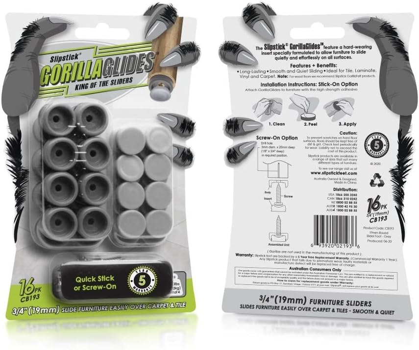 GorillaGlides CB193 3/4 Inch Chair Glides/Furniture Feet Floor Protectors (Set of 16 Sliders)