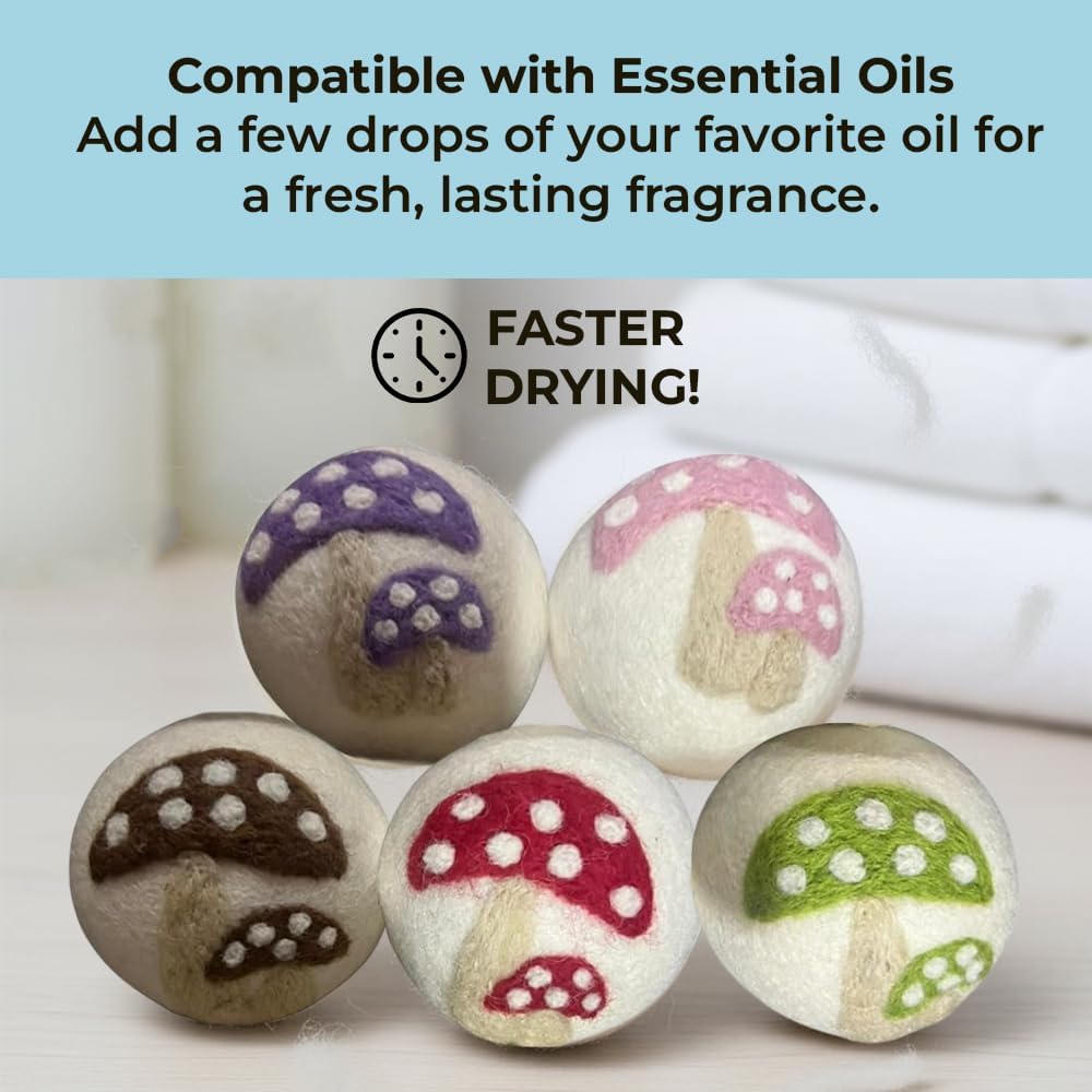 Ezhippie Quality Wool Dryer Balls - 6 XL Mushroom Pack - 1000+ Loads - Pure Organic Wool - Reusable