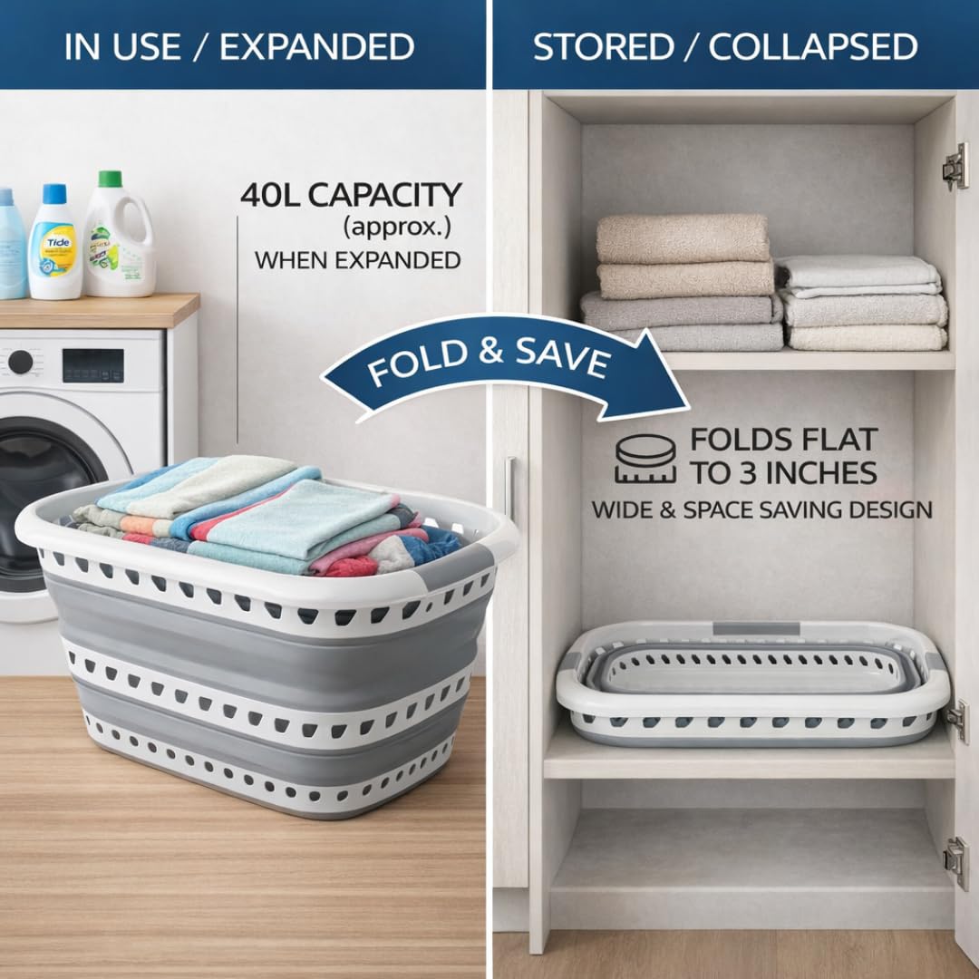 Laundry 360 Collapsible Laundry Basket 40L | Portable | Space Saver Storage | Hold 2 Loads | Store