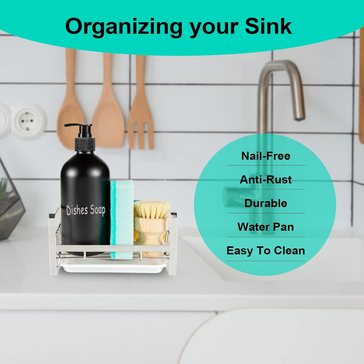 TEZZ Sponge Holder for Kitchen Sink, Stainless Steel Kitchen Storage Sink Caddy for Organizing