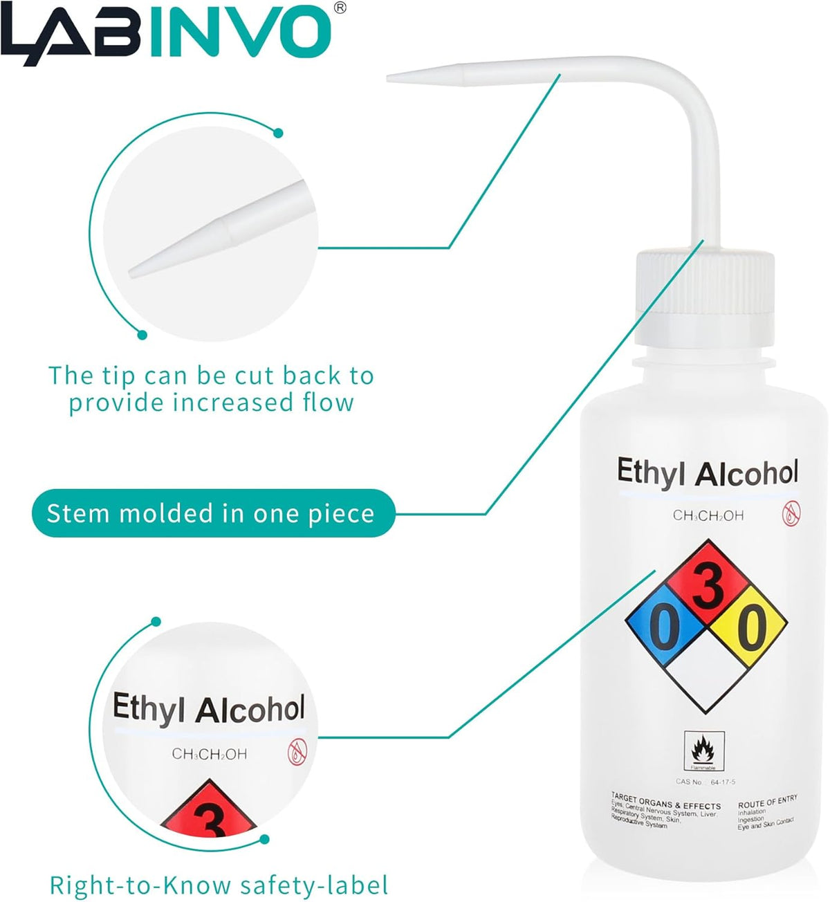 4PCS of Ethyl Alcohol Wash Bottles, Vol.500ml (17oz), Narrow Mouth, Self-Venting Safety Wash