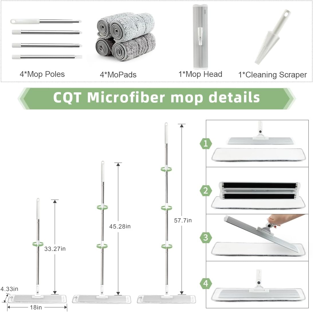 CQT Commercial Flat Microfiber Floor Mop Cleaning System 18" Inch Wet Dry and Dust Hardwood with 4