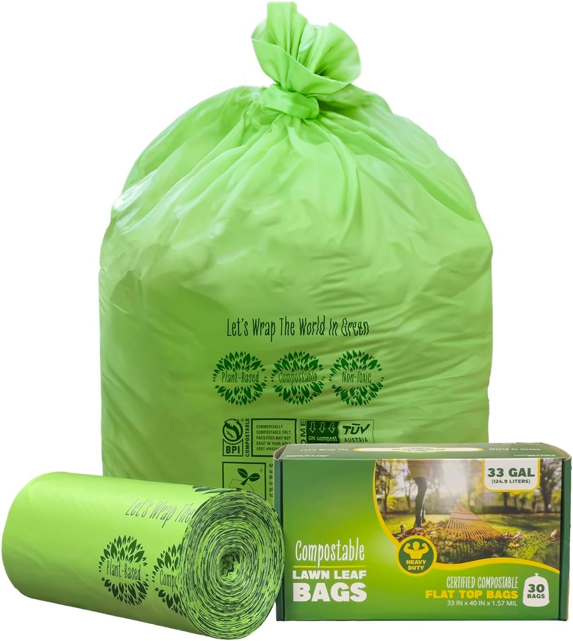 30-33 Gallon Compost Bags 30 Bags Yard Waste Bags Flat-Top Liners Compostable Trash Bags Heavy Duty