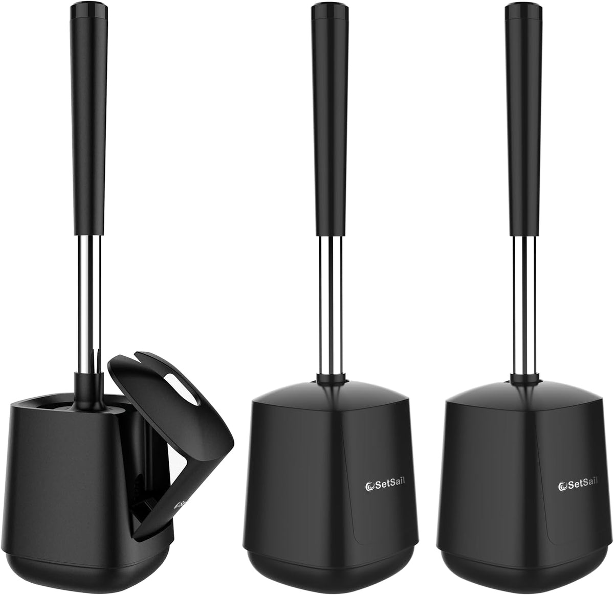 SetSail Toilet Brush and Holder 3 Pack, Self Closing Lid Toilet Bowl Brushes Holder Extra Long