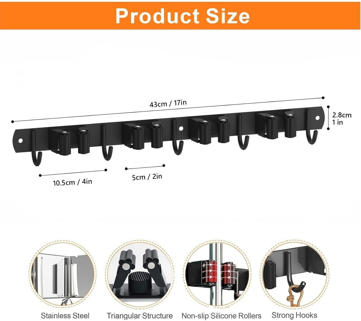 Mop and Broom Holder Wall Mount, Upgraded Broom Organizer Wall Mount, Stainless Steel Broom Hanger