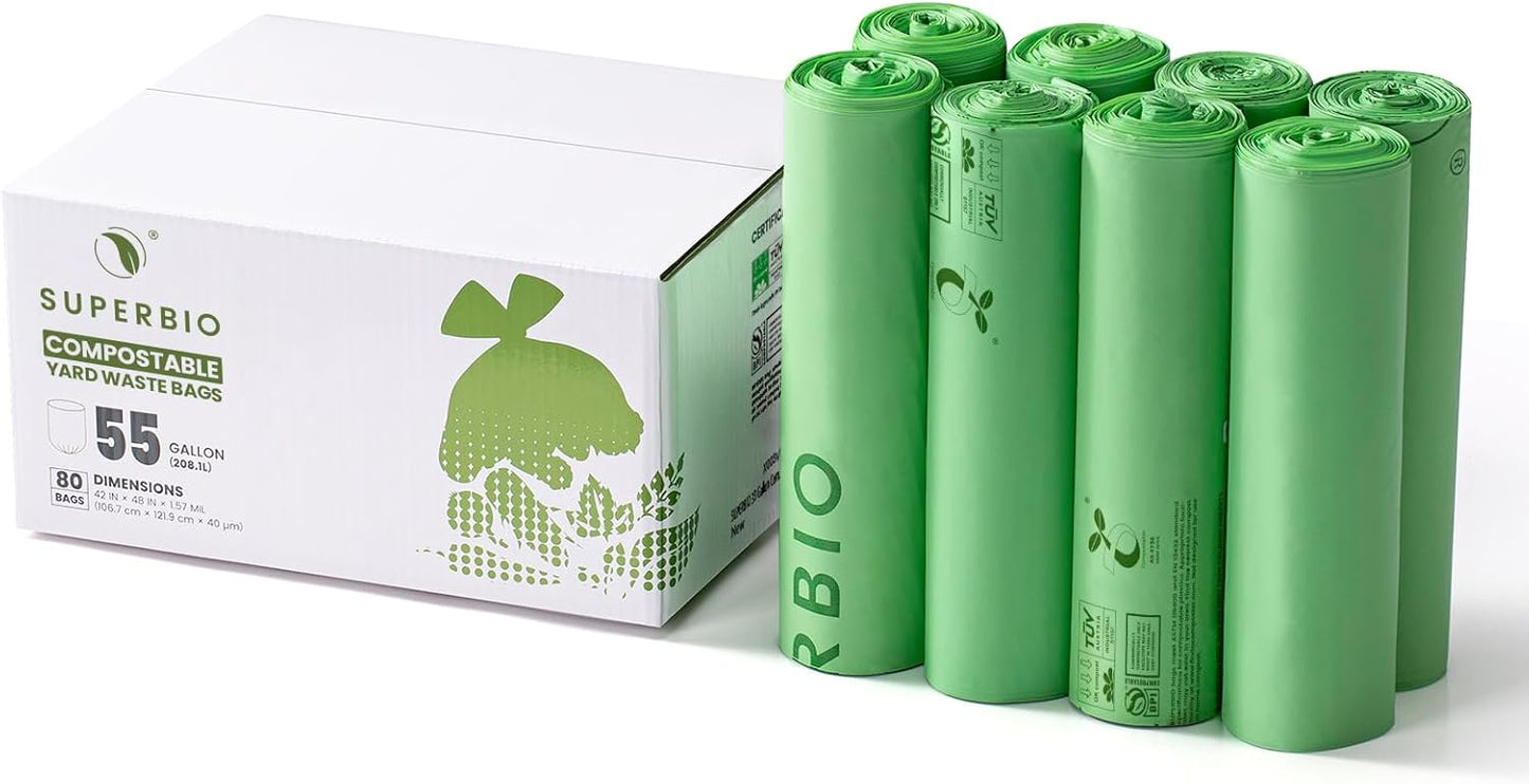 SUPERBIO 55 Gallon Compostable Yard Waste Bags, Lawn & Leaf Bags, Heavy Duty Extra Thick 1.57 Mil