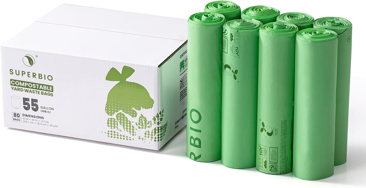 SUPERBIO 55 Gallon Compostable Yard Waste Bags, Lawn & Leaf Bags, Heavy Duty Extra Thick 1.57 Mil