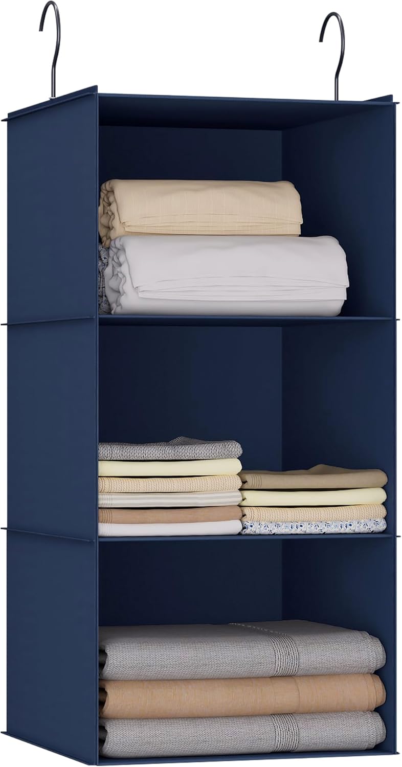Hanging Closet Organizer - 3-Shelf, Easy Mount Foldable Wardrobe Storage Shelves for Clothes