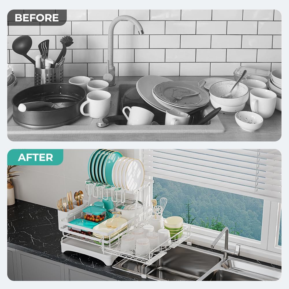 2 Tier Large Dish Drying Rack - Extendable Dish Rack, 2-in-1 Anti-Rust Stainless Steel Dishrack for