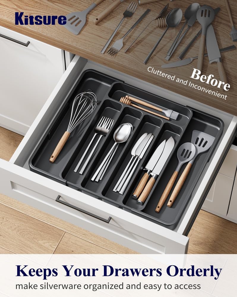Kitsure Cutlery Drawer Organiser for Kitchen - Adjustable Cutlery Tray for Effortless Utensil