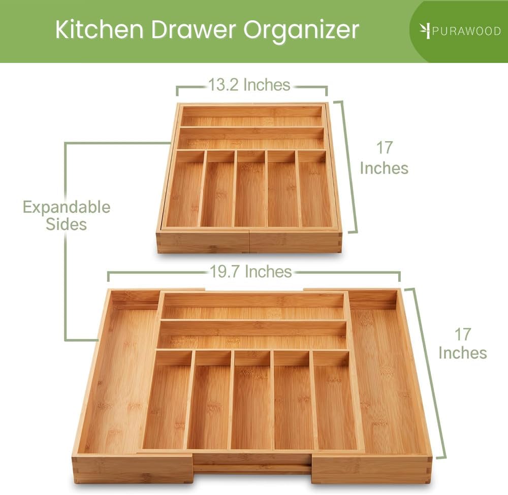 Purawood Bamboo Drawer Organizer - Expandable Silverware Organizer & Utensil Drawer Organizer