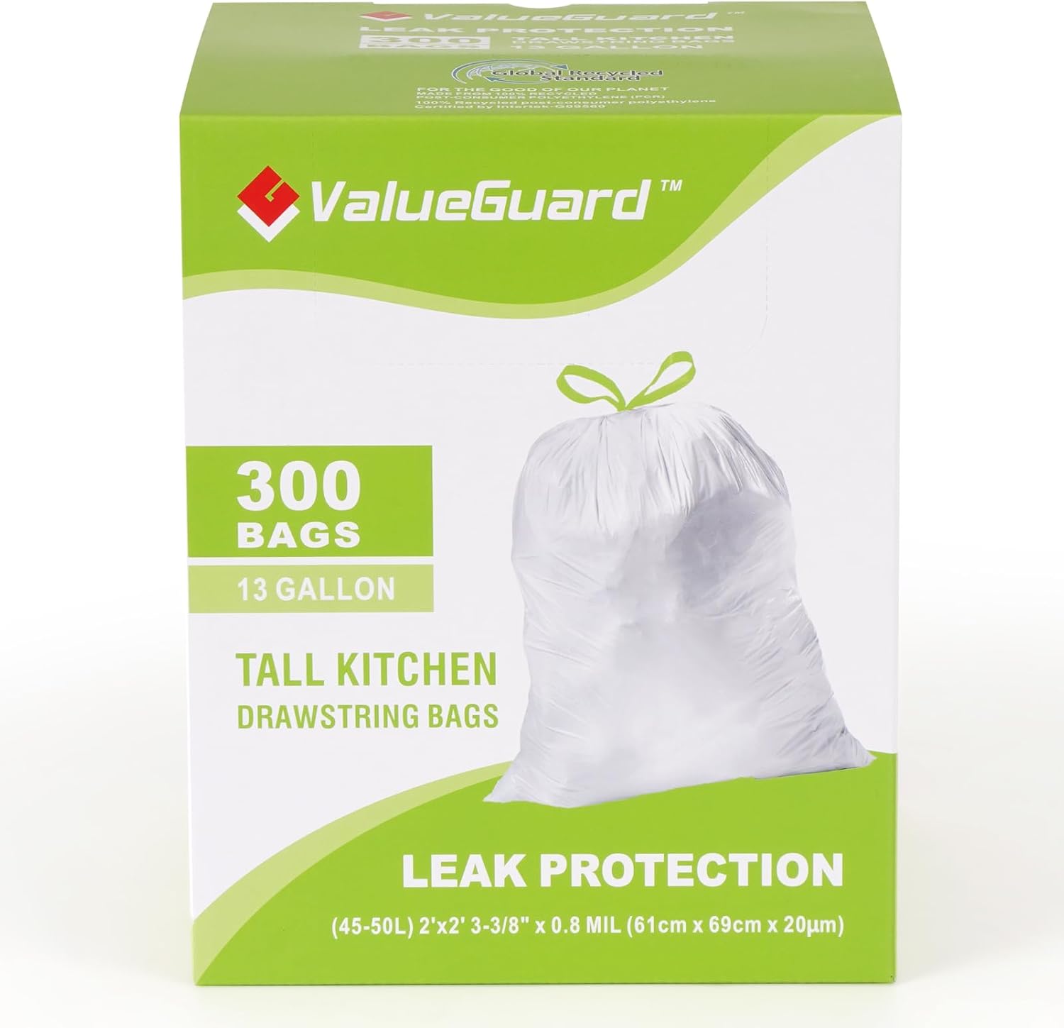 Large Trash Bag 13 Gallon Tall Drawstring 100% Post-Consumer Recycled Garbage Bag Waste Bag for