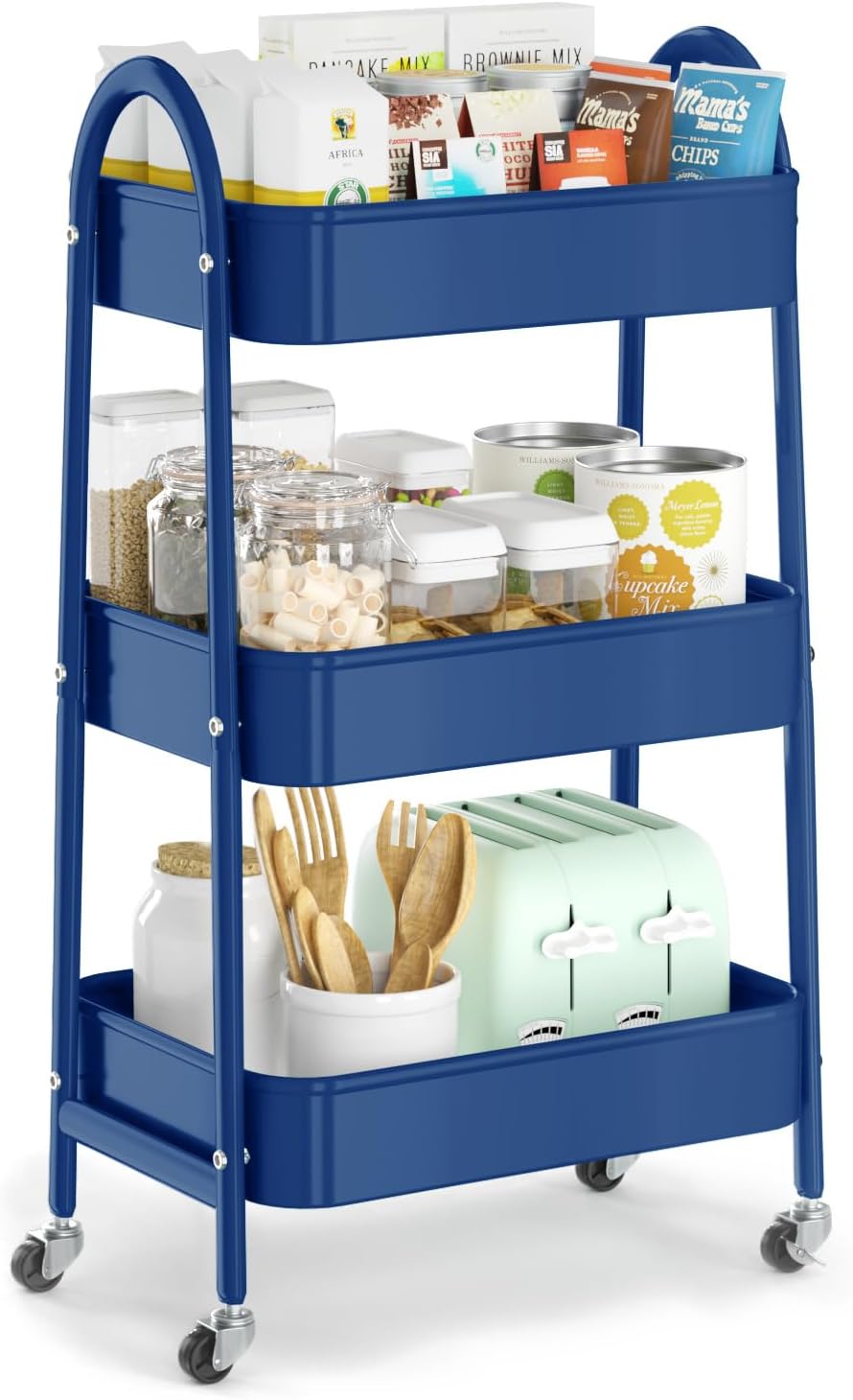 EAGMAK 3 Tier Utility Rolling Cart, Metal Storage Cart with Handle and Lockable Wheels