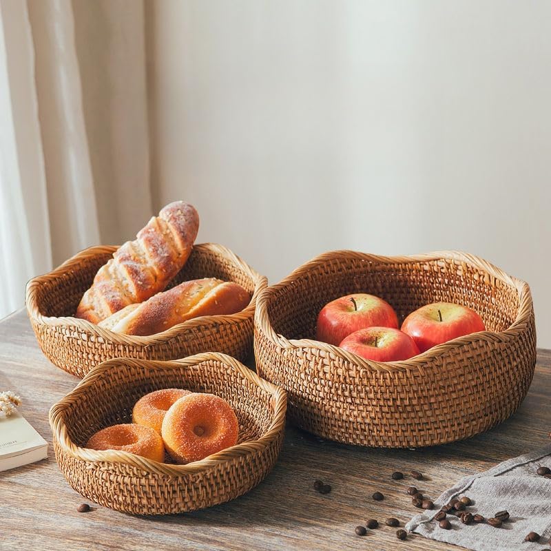Rattan Bread Basket, Hand Woven Fruit Basket, Wicker Serving Basket Bowl, Decorative Baskets for