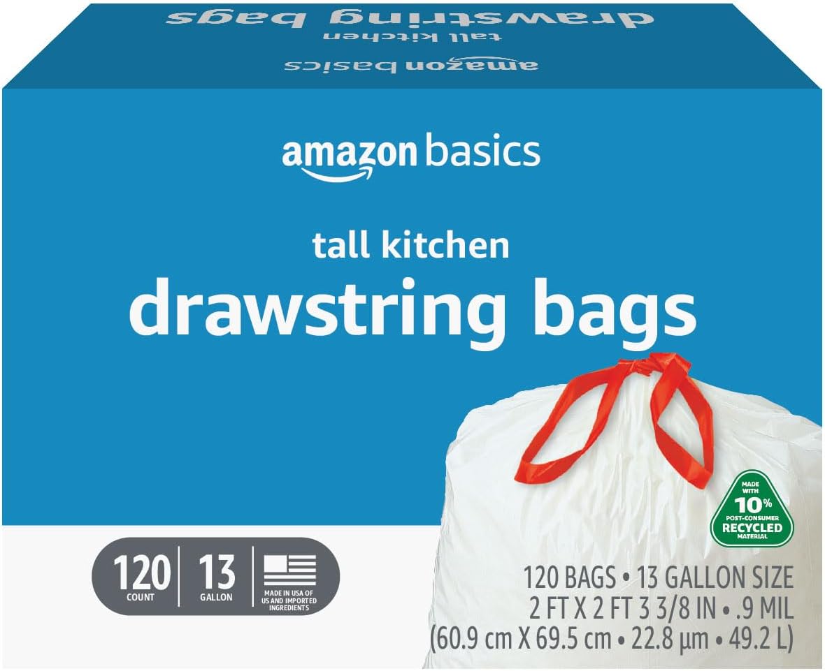 Amazon Basics 13 Gallon Tall Kitchen Drawstring Trash Bags, Unscented, 10% Post Consumer Recycled