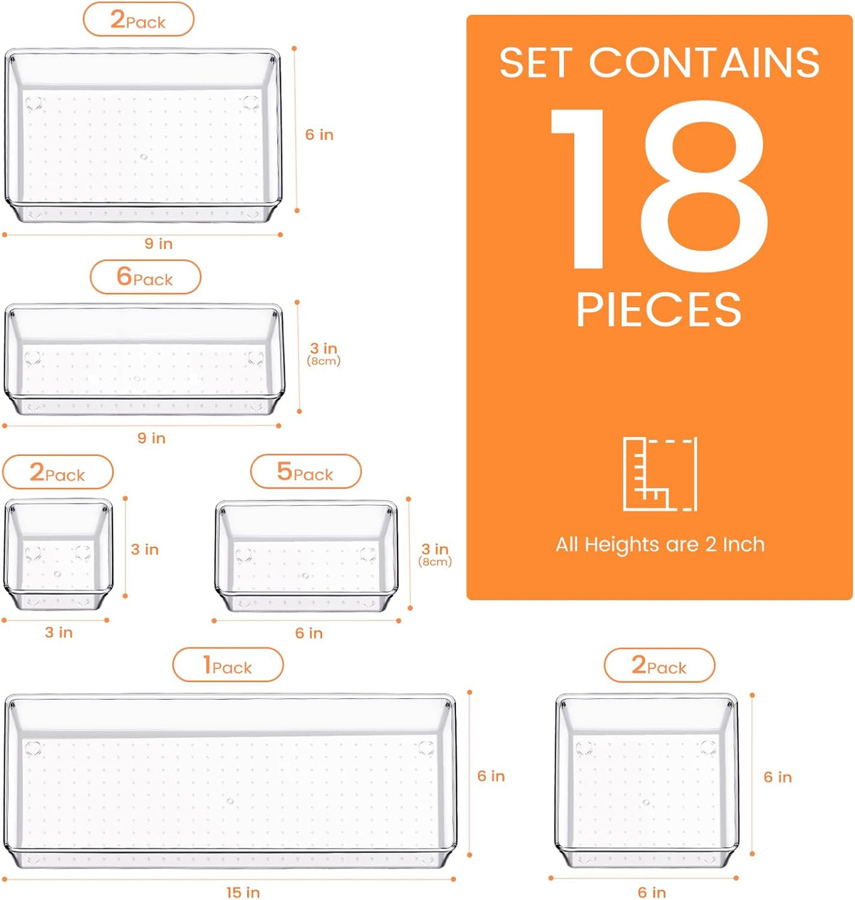 Criusia Drawer Organizer, 18 Pack Large Clear Plastic Kitchen Drawer Organizers Set, 6 Size