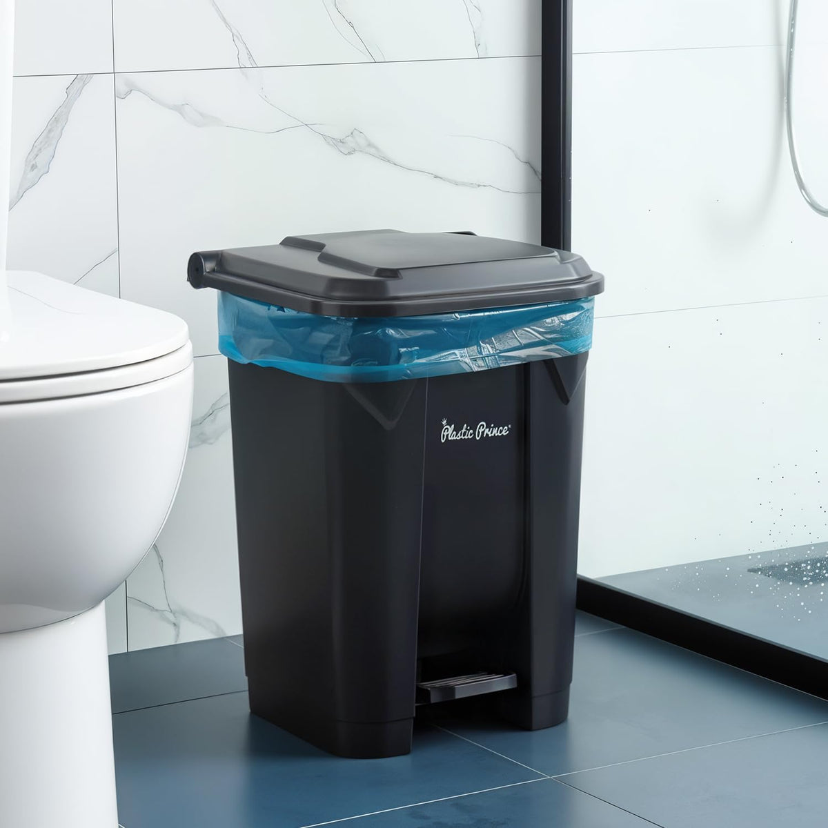 14 Gallon Step-On Trash Can/Container, Black Plastic Dustbin with Lid and Foot Pedal, Hands-Free