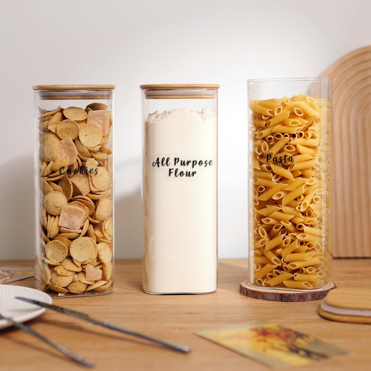 3 Pcs Square Glass Pantry Storage Containers with Bamboo Airtight Lid and 248 Clear Pantry Labels