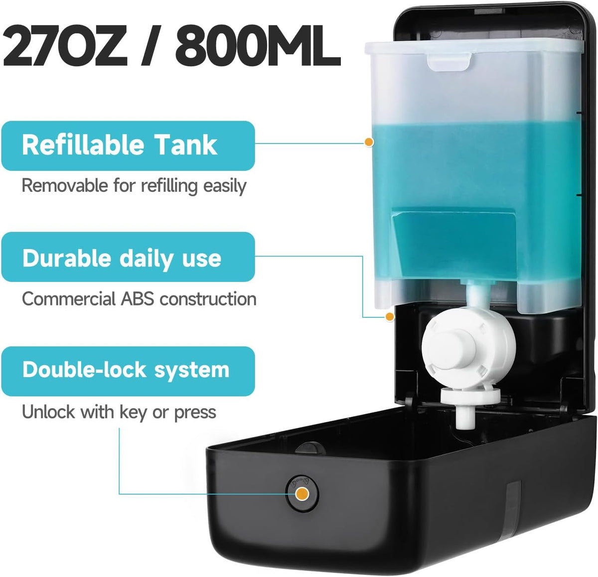 AIKE Wall Mount Liquid Soap Dispenser, 27oz Large Capacity with Extended Pump for Commercial