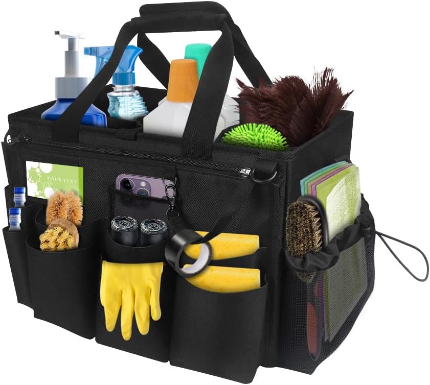 Qivine Cleaning Caddy with Handle, Cleaning Supply Caddy Foldable Tool Bag Cleaning Products