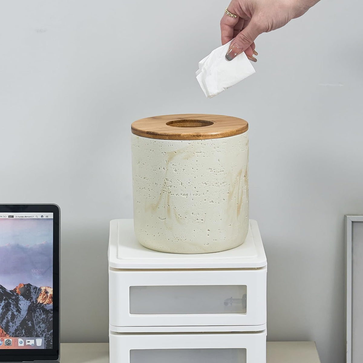 Natural Travertine Textures Beige Mini Trash Can with Bamboo Lid,Small Countertop Trash Can for