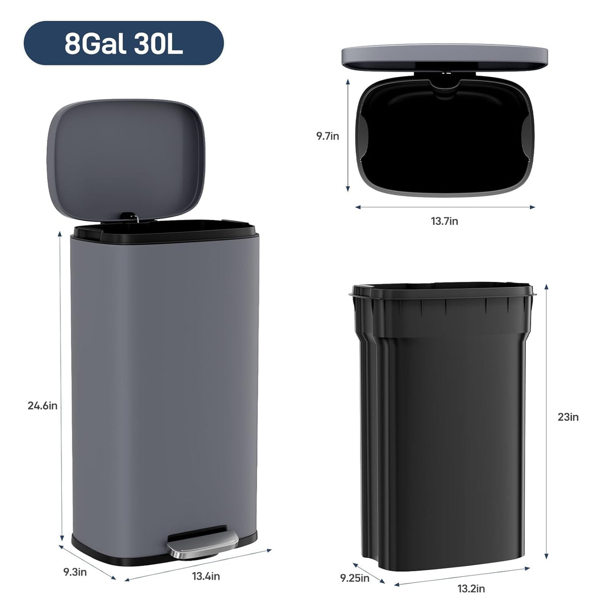 Arlopu 8 Gallon Step Trash Can, Stainless Steel Garbage Bin, Soft-Close Rubbish Bin with Removable